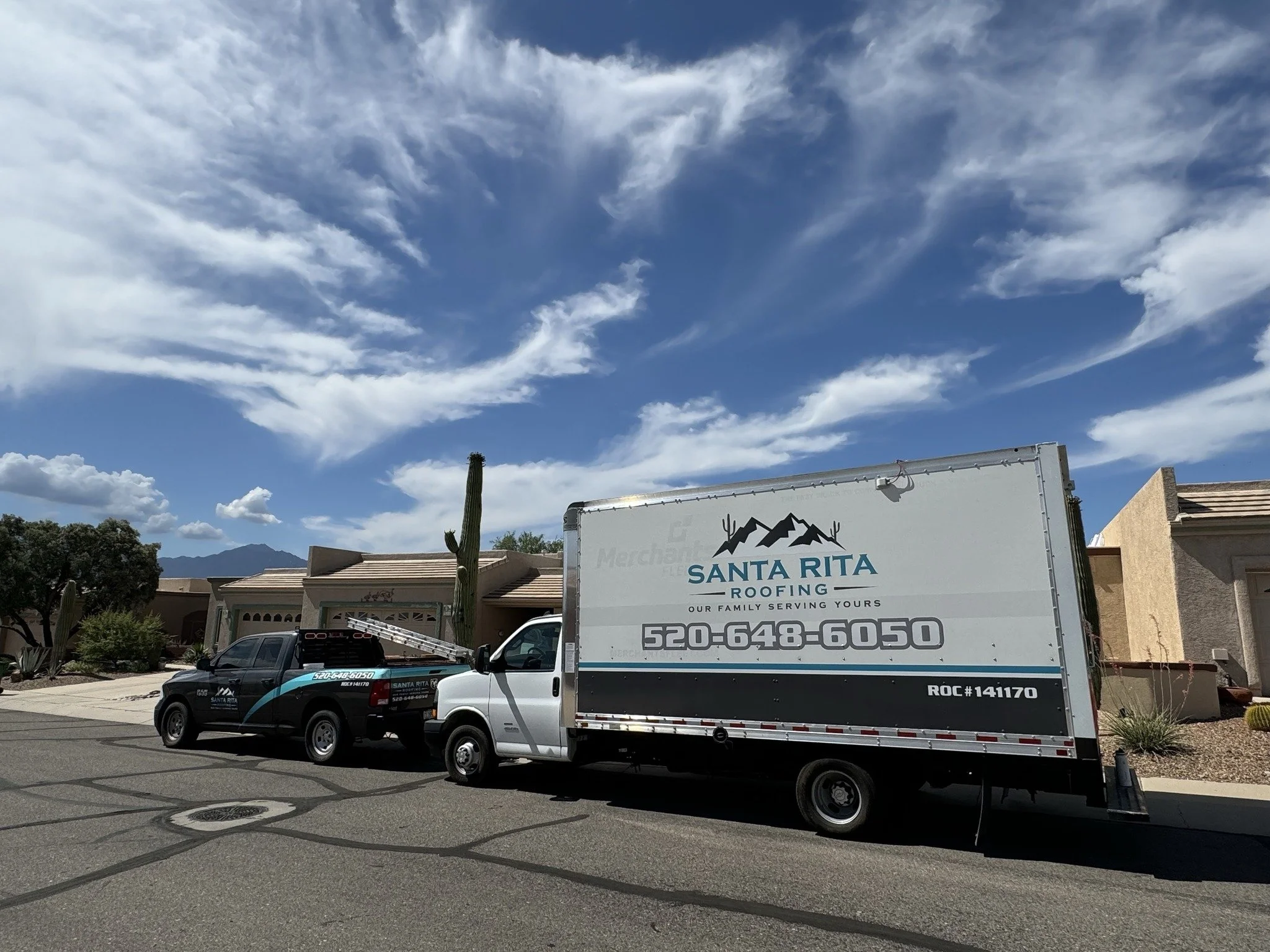 Santa Rita Roofing truck in Green Valley, Arizona — beneath the Santa Rita Mountains